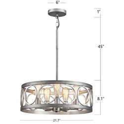 XINGQI Drum Chandelier, Rustic Pendant Lighting for Living Room, Dining Room, Bedroom, Antique Brushed Nickel with Round Metal Shade, Ceiling Light Fixture, 5 E26 Bulbs(Not Included)