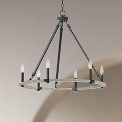 Caroline Black Painted Wood Wagon Wheel Chandelier 28'' Wide Rustic Farmhouse 6-Light Fixture for Dining Room House Foyer Kitchen Island Entryway Bedroom - Franklin Iron Works