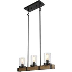 LALUZ Farmhouse Chandelier Light Fixture 3-Light Wood Pendant Light Island Light Fixtures with Seeded Glass for Dining Room, Kitchen, Foyer, 25.6”L x 63''