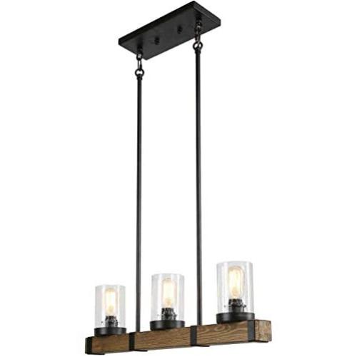 LALUZ Farmhouse Chandelier Light Fixture 3-Light Wood Pendant Light Island Light Fixtures with Seeded Glass for Dining Room, Kitchen, Foyer, 25.6”L x 63''