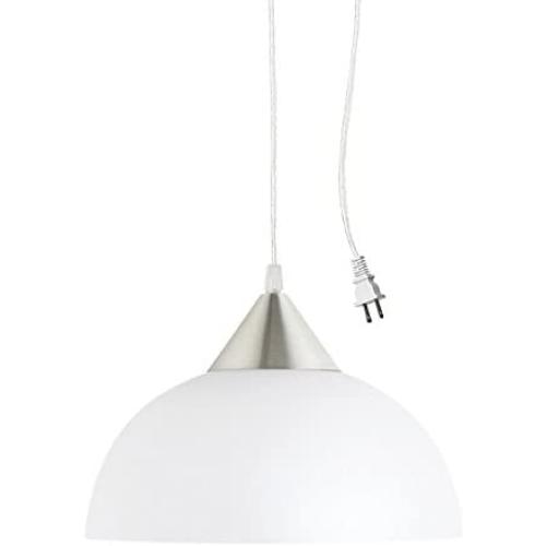 Globe Electric Amaris 1-Light Plug-In Pendant, Brushed Steel Finish, Frosted White Shade, 15ft Clear Cord, In-Line On/Off Switch 64413, 8.5''
