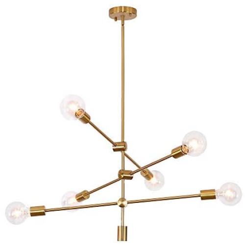 6 Lights Modern Sputnik Chandelier Gold Brass Lighting Fixture Mid Century Hanging Pendant Light for Dining Room Kitchen Island Bedroom Indoor Decor