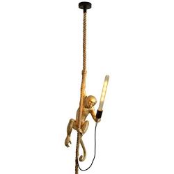 IJ INJUICY Monkey Pendant Light, Resin Hanging Lamp, Hemp Rope Ceiling Light Fitting for Kitchen, Bedroom, Living Dining Room, Corridor, Restaurant, Bar (Gold)