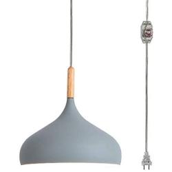 STGLIGHTING Wooden Handle Pendant Light with 15ft Plug-in UL On/Off Dimmer Switch Cord Macaron Grey Lampshade Light Fixtures Nordic Minimalist Loft Style Lamps for Dining Room Bulbs Not Included