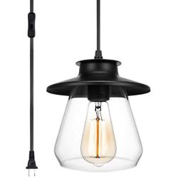Industrial Pendant Light with Plug in Cord,Black Hanging Lamp with Clear Glass Shade for Office Kitchen Island Dining Room(1 Light)