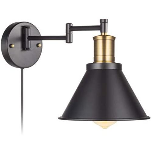 ArcoMead Swing Arm Wall Lamp Plug-in Cord Industrial Wall Sconce, Bronze and Black Finish,with On/Off Switch, E26 Base UL Listed,1-Light Bedroom Wall Lights Fixtures,Bedside Reading Lamp