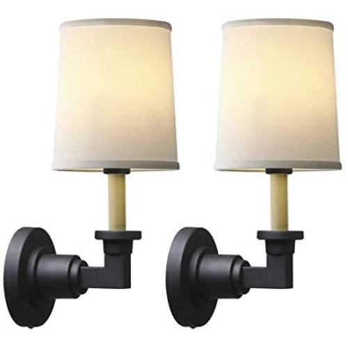 Indoor Industrial Wall Lamp, Yosoan 2-Pack Vintage Elbow Cylinder Wall Sconce with White Square Fabric Shade Light Fixture for Bedroom Reading Living Room (Straight-Black)