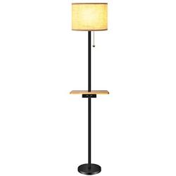 Lifeholder Floor Lamp, Modern Floor Lamp with Useful Dual USB Ports & Rectangle Tray Table, LED Floor Lamp with Line Fabric Shade & Pull Chain, Standing Lamp Idea for Bedroom, Living Room or Office