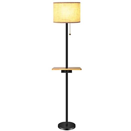 Lifeholder Floor Lamp, Modern Floor Lamp with Useful Dual USB Ports & Rectangle Tray Table, LED Floor Lamp with Line Fabric Shade & Pull Chain, Standing Lamp Idea for Bedroom, Living Room or Office