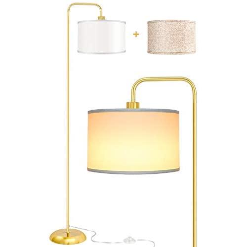 LED Floor Lamp for Living Room, PARTPHONER Modern Standing Lamp with 2 Hanging Shades (White/Oatmeal), Classic Standing Lamp with Foot Switch Simple Basic Floor Lamp for Living Room Bedroom, Gold