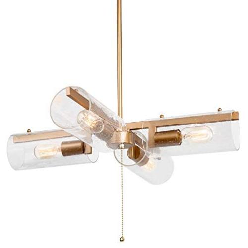 LOG BARN Gold Chandelier, Pull Chain On/Off Switch, 2 in 1 Modern Chandelier and Close to Ceiling Light Fixtures with Seeded Glass Shades for Kitchen Island, Dining Room, Bedroom, Foyer
