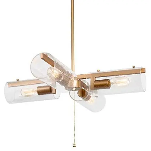 LOG BARN Gold Chandelier, Pull Chain On/Off Switch, 2 in 1 Modern Chandelier and Close to Ceiling Light Fixtures with Seeded Glass Shades for Kitchen Island, Dining Room, Bedroom, Foyer