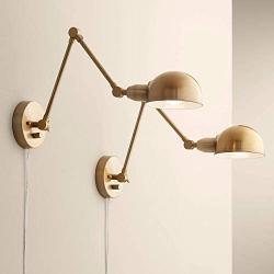 Somers Industrial Wall Lamps Set of 2 LED Antique Brass Plug-in Light Fixture Adjustable Up Down Half Dome Shades for Bedroom Bedside Living Room Reading - 360 Lighting