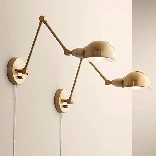 Somers Industrial Wall Lamps Set of 2 LED Antique Brass Plug-in Light Fixture Adjustable Up Down Half Dome Shades for Bedroom Bedside Living Room Reading - 360 Lighting