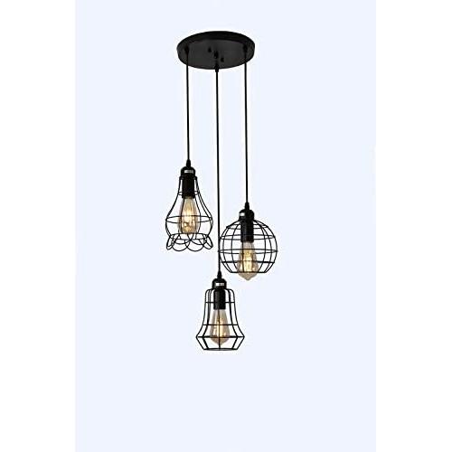 Industrial 3-Light Pendant Lighting, Adjustable Hanging Light Fixtures, Vintage Farmhouse Pendant Light with Metal Caged E26 Base for Kitchen Island Dining Room Living Room Hotel Shop and Bar, Black