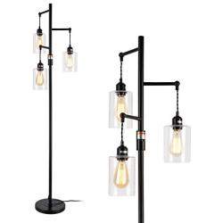 Airposta Industrial Floor Lamp with On/Off Dimmable Switch, 3-Head Rustic Tree Standing Lamp, Edison Bulb 40W Retro Tall Glass Floor Light for Living Room, Reading, Office, Bedroom, Black