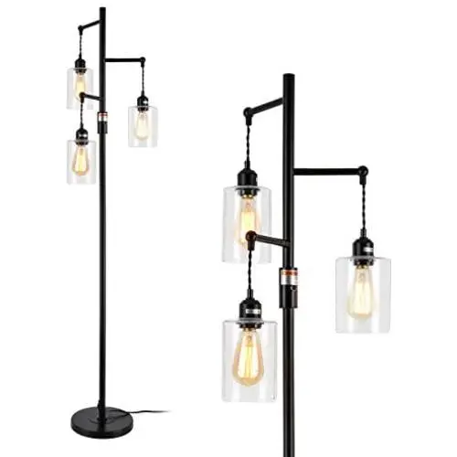 Airposta Industrial Floor Lamp with On/Off Dimmable Switch, 3-Head Rustic Tree Standing Lamp, Edison Bulb 40W Retro Tall Glass Floor Light for Living Room, Reading, Office, Bedroom, Black