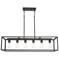VINLUZ Rectangular Metal Chandelier,6 Light Black Linear Industrial Pendant Lights Cage Island Ceiling Lighting Fixture for Dining Room Kitchen