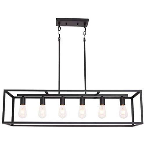 VINLUZ Rectangular Metal Chandelier,6 Light Black Linear Industrial Pendant Lights Cage Island Ceiling Lighting Fixture for Dining Room Kitchen