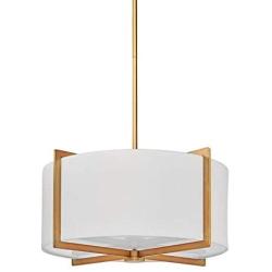 MOTINI 3 Light Drum Pendant Chandelier, Classic Ceiling Pendant Chandelier Fixture with Drum Shade, Gold Brushed Brass Drum Light Fixture for Dining Room Living Room Bedroom