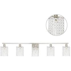 BONLICHT Bathroom Vanity Light Fixtures 5 Light Brushed Nickel Wall Lighting Crystal Wall Sconce with K9 Crystal Drop Modern Farmhouse Style Bath Wall Mount Lamp for Living Room Hallway Kitchen Porch