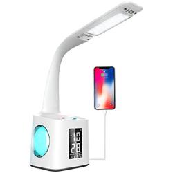 LED Desk Lamp with USB Charging Port, Night Atmosphere Lamp, Alarm Clock, Pen Holder, Calendar, 3-Level Dimmer Eye-Caring Table Lamp for Study/Read/Office