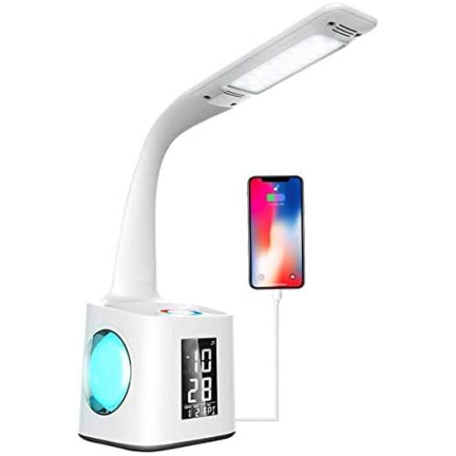 LED Desk Lamp with USB Charging Port, Night Atmosphere Lamp, Alarm Clock, Pen Holder, Calendar, 3-Level Dimmer Eye-Caring Table Lamp for Study/Read/Office