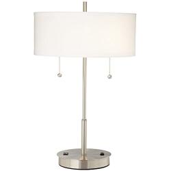 Nikola Modern Accent Table Lamp with Hotel Style USB and AC Power Outlet in Base Silver White Drum Shade for Living Room Bedroom Office - 360 Lighting