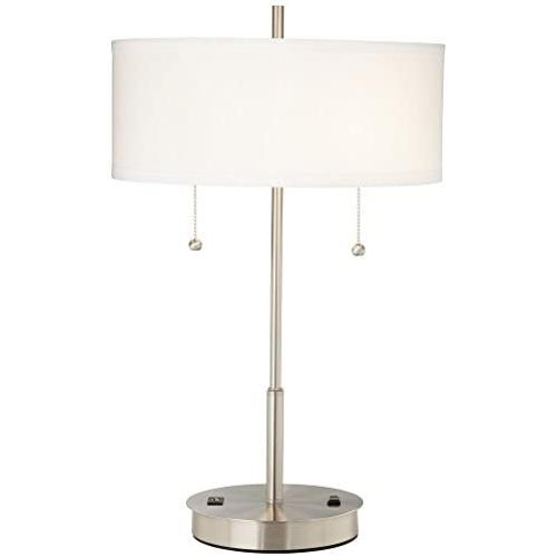 Nikola Modern Accent Table Lamp with Hotel Style USB and AC Power Outlet in Base Silver White Drum Shade for Living Room Bedroom Office - 360 Lighting