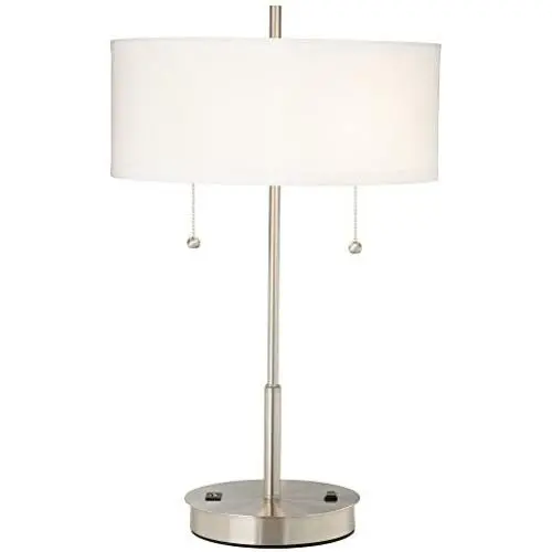 Nikola Modern Accent Table Lamp with Hotel Style USB and AC Power Outlet in Base Silver White Drum Shade for Living Room Bedroom Office - 360 Lighting