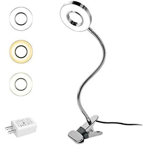 LED Reading Light, Dimmable Clamp Lamp for Bed Headboard, Bedroom, Office, 3 Modes 9 Dimming Levels, Flexible Clip Light, Adapter Included, 7W, Silver