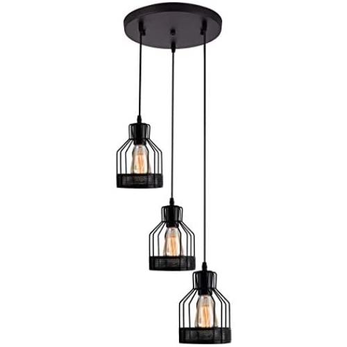 Weesalife Pendant Light with Rustic Black Metal Cage Shade Industrial Retro Matte Black Adjustable 3-Lights Hanging Lighting Pendant Lamp Fixture for Kitchen Island, Barn, Dining Room, Cafe, Farmhouse