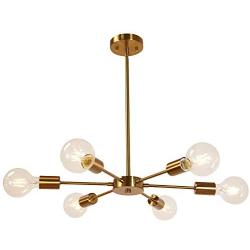 MELUCEE Modern Sputnik Chandelier 6 Lights Brass Chandelier Semi Flush Mount Ceiling Light Mid Century Pendant Light for Bedroom Foyer Dining Room Restaurant UL Listed