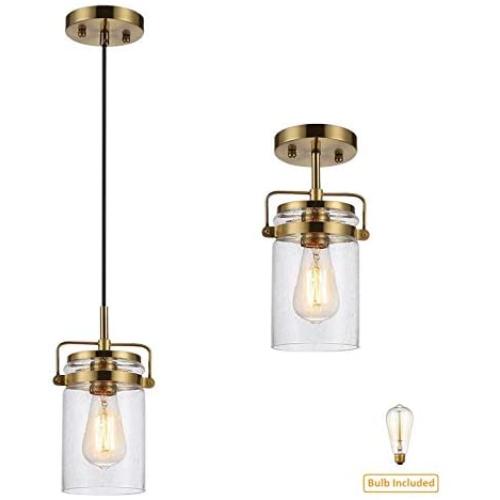 CLK Glass Pendant Light with Brass Finish, Kitchen Island Hanging Light with Seedy Glass Shade, Modern Glass Pendant Lamp for Dining Room, Farmhouse, Restaurants, Bars, Corridor (Bulb Included)