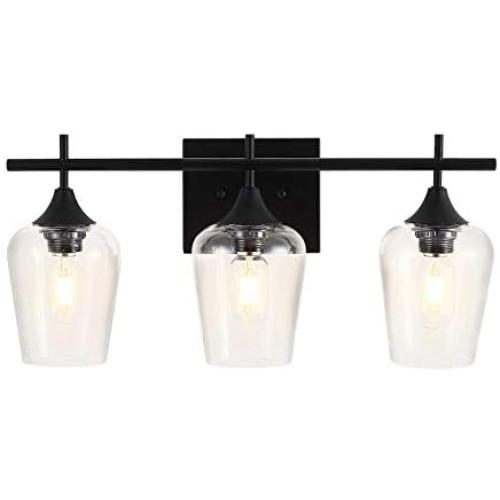 3-Lights Vanity Light Fixture, Industrial Wall Sconces with Clear Glass Shade, Vintage Wall Lighting Fixture for Bathroom Mirror Living Room Bedroom Kitchen Island, Matte Black Finish, 60W