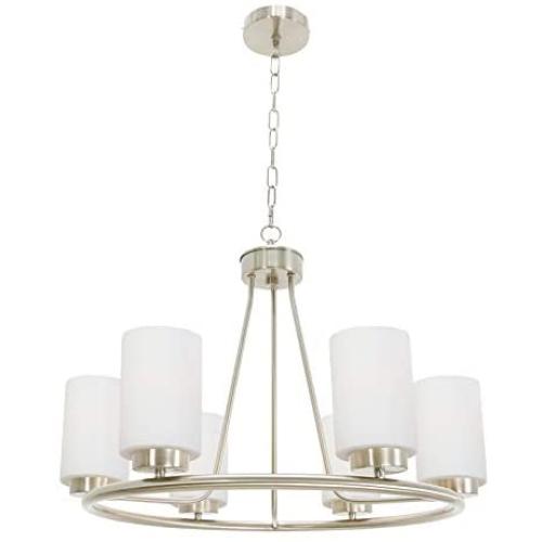 TODOLUZ 6-Lights 24.8” Large Round Dining Room Light Fixtures Hanging Brushed Nickel Wagon Wheel Farmhouse Chandelier Lighting with Opal White Glass for Living Room Foyer