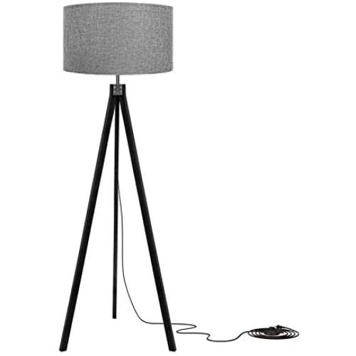 LEPOWER Wood Tripod Floor Lamp, Flaxen Lamp Shade with E26 Lamp Base, Mid Century Standing Lamp, Modern Design Studying Light for Living Room, Study Room and Bedroom(Black)