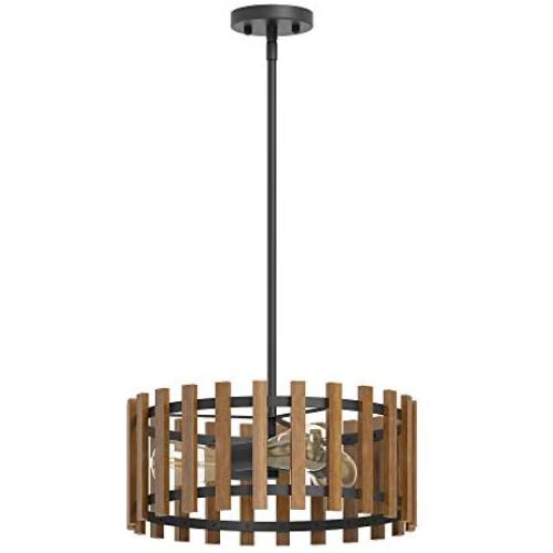 Inlight Farmhouse Chandelier for Kitchen Island, Modern Drum Wooden Chandelier for Dining Room, Adjustable Hanging Pendant Ceiling Light Fixture, 3-Light, Bulb Not Included, ETL Listed, IN-0333-3A-WD