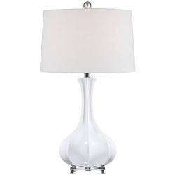 Aurion Coastal Table Lamp Fluted Ceramic Gourd White Drum Shade for Living Room Family Bedroom Bedside Nightstand - Possini Euro Design