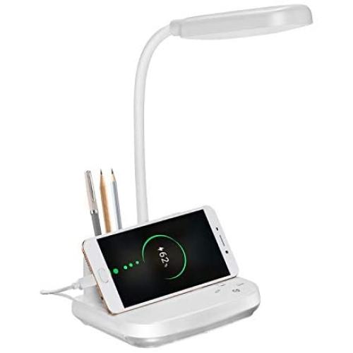LED Rechargeable Desk Lamp, Yonnami 5-in-1 Multifunctional Desk Lamp with USB Charging Port & Pen Holder & Phone Holder, 3 Color Modes with Night Light for Dorm Bedroom Reading (White)