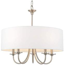Kira Home Quinn 21'' Traditional 5-Light Chandelier/Adjustable Chain Link Hanging Light + White Linen Drum Shade, Brushed Nickel Finish