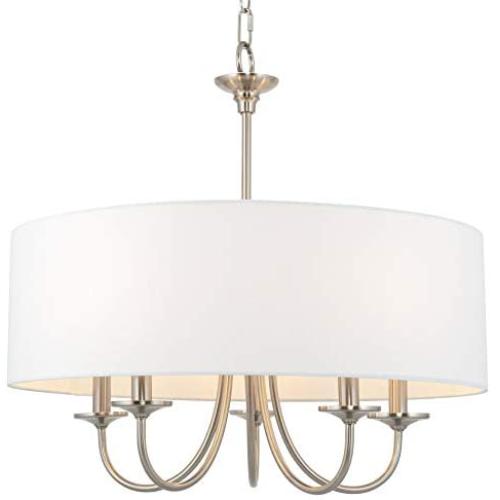Kira Home Quinn 21'' Traditional 5-Light Chandelier/Adjustable Chain Link Hanging Light + White Linen Drum Shade, Brushed Nickel Finish