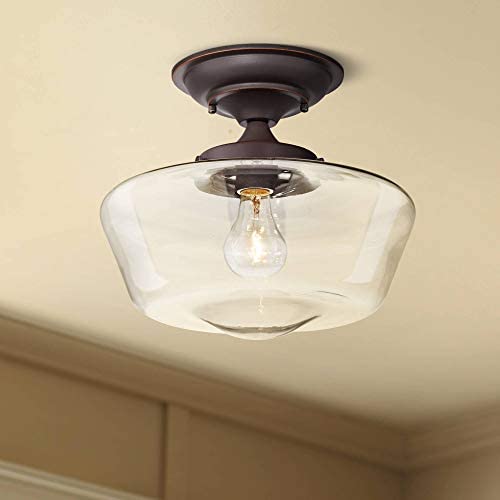 Schoolhouse Floating Modern Ceiling Light Semi Flush Mount Fixture Oil Rubbed Bronze 12'' Wide Clear Glass for Bedroom Kitchen Living Room Hallway Bathroom - Regency Hill