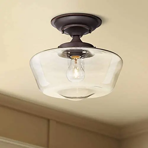 Schoolhouse Floating Modern Ceiling Light Semi Flush Mount Fixture Oil Rubbed Bronze 12'' Wide Clear Glass for Bedroom Kitchen Living Room Hallway Bathroom - Regency Hill