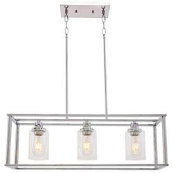 VINLUZ Modern Chandeliers 3 Lights with Clear Glass Shade Chrome Linear Pendant Lighting Industrial Dining Room Light Fixture Hanging Ceiling Light for Bar Kitchen Island