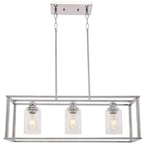 VINLUZ Modern Chandeliers 3 Lights with Clear Glass Shade Chrome Linear Pendant Lighting Industrial Dining Room Light Fixture Hanging Ceiling Light for Bar Kitchen Island