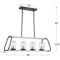 XINGQI Rustic Glass Shade Kitchen Island Light, 4-Light Farmhouse Linear Pendant Lighting, Hanging Light Fixtures for Dining Room, Antique White with Black Paint, E26 Base(Bulbs not Included)