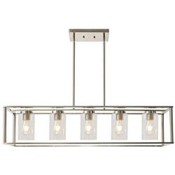 VINLUZ Contemporary Chandeliers Brushed Nickel 5 Light Modern Vintage Dining Room Lighting Fixtures Hanging, Kitchen Island Linear Pendant Lights Farmhouse Flush Mount Ceiling Light with Glass Shade