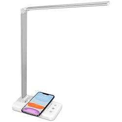 Desk Lamp LED Wireless Charger - USB Charging Port 5 Lighting Modes 5 Brightness Levels Sensitive Control Auto Timer Eye-Caring Study Work Home Office Lamp for Kids Children (White)