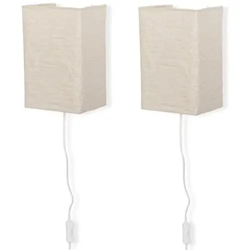 Wallniture Asian Wall Lamp with Toggle Switch, Living Room Decor Rice Paper Lamp Shade with Light Bulbs, Cream Set of 2